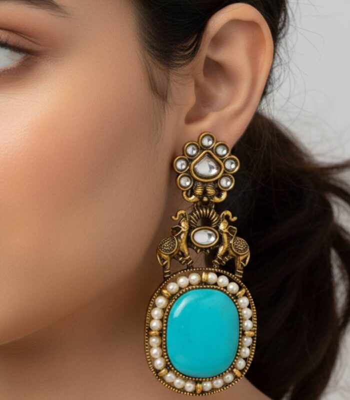 Antique Finish Elephant Motif Turquoise Stone Earrings