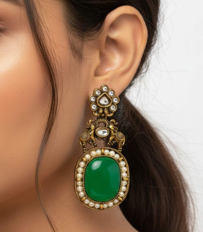 Antique Finish Elephant Motif Green Stone Earrings