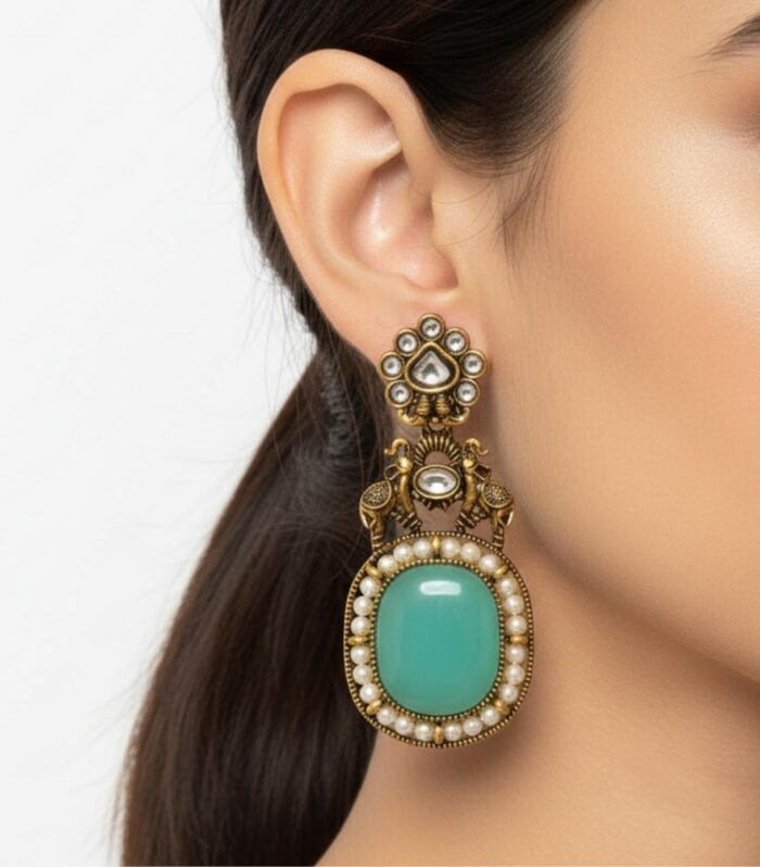 Antique Elephant Motif Teal Green Stone Earrings | Traditional Statement Jewellery
