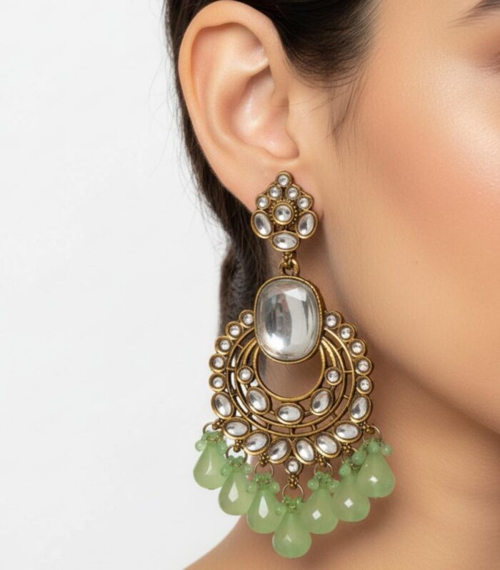 Antique Kundan Chandelier Earrings with Green Drops | Traditional Ethnic Jewellery