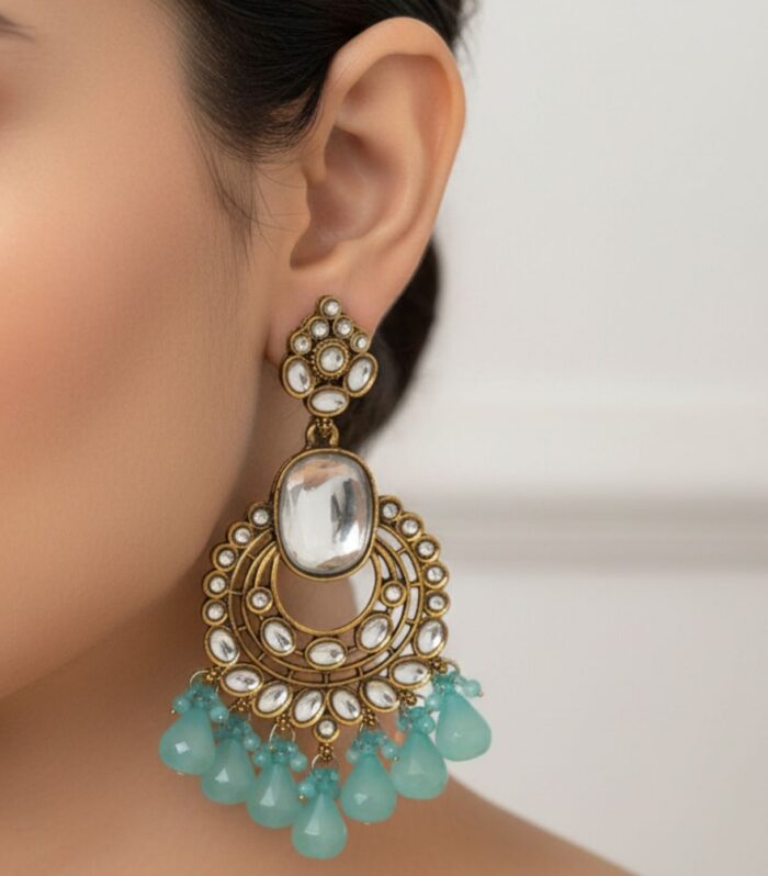 Antique Kundan Chandelier Earrings with Sea Green Drop Beads