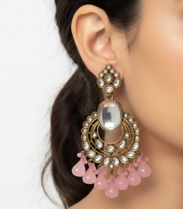 Antique Kundan Chandelier Earrings with Pink Drops | Traditional Ethnic Jewellery