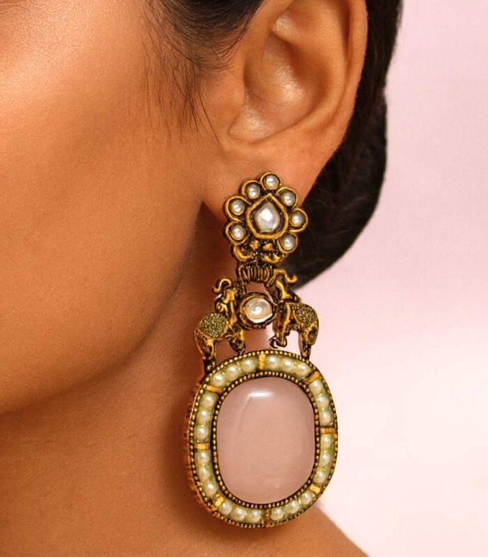 Antique Gold Statement Earrings with Pink Stone Pearl Detailing