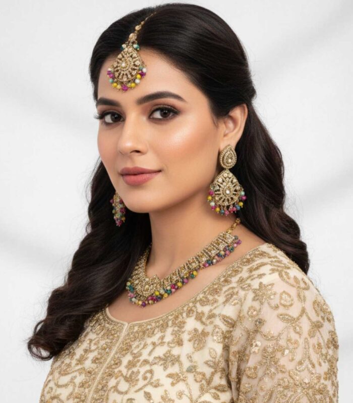 Antique Gold Kundan Necklace Set with Multicolour Beads & Maang Tikka