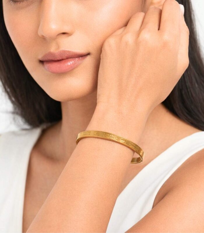 Gold Designer Inspired Engraved Bangle Bracelet for Women | Minimal Luxury Style