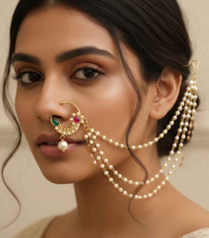 Gold Plated Pearl Nath Nose Ring with Chain for Women | Wear Your Jewellery