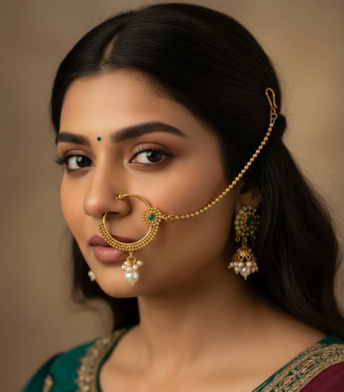 Gold Plated Maharashtrian Nath with Pearl Drop Ball Chain | Wear Your Jewellery