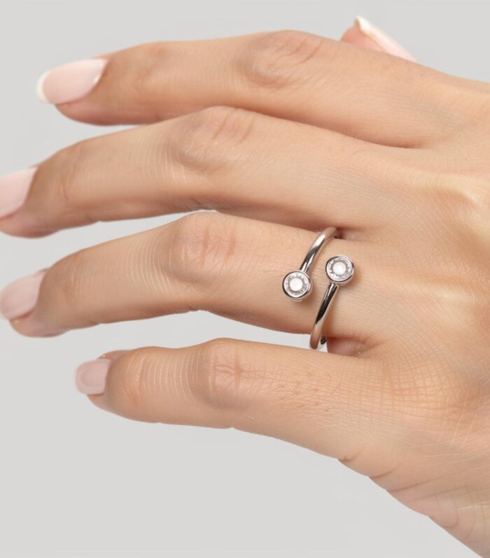 Minimalist Silver Open Adjustable Ring with Dual Crystal Stones for Women