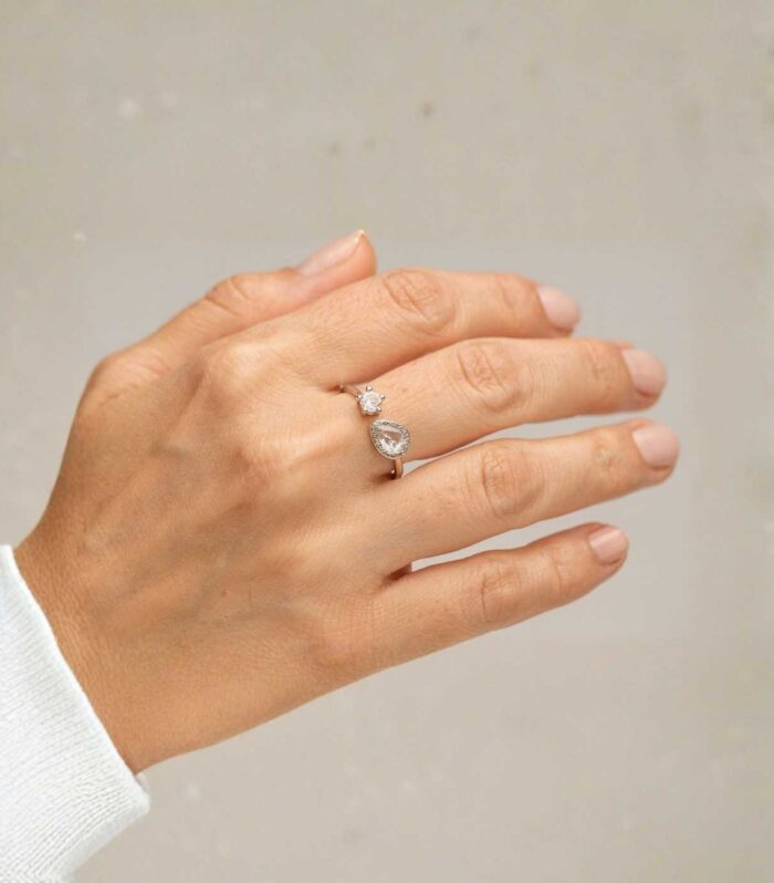 Adjustable Silver Open Ring with Dual Crystal Stones for Women | Wear Your Jewellery