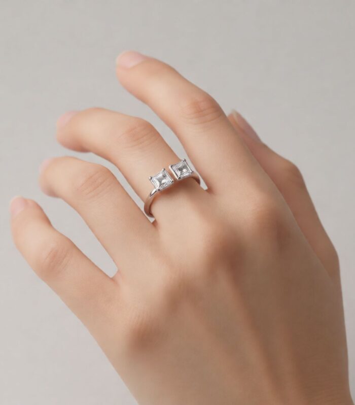 Adjustable Silver Open Ring with Square Crystal Stones for Women | Wear Your Jewellery