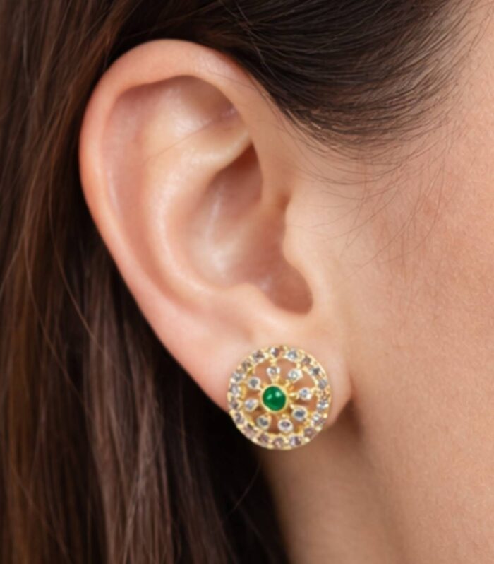 Green Stone Round Stud Earrings with Crystal Work | Gold Finish Earrings