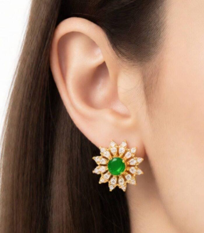 Green Stone Floral Stud Earrings with Crystal Work | Gold Finish Earrings for Women