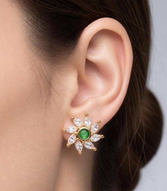 Green Stone Floral Stud Earrings with Crystal Petals | Gold Finish Imitation Jewellery