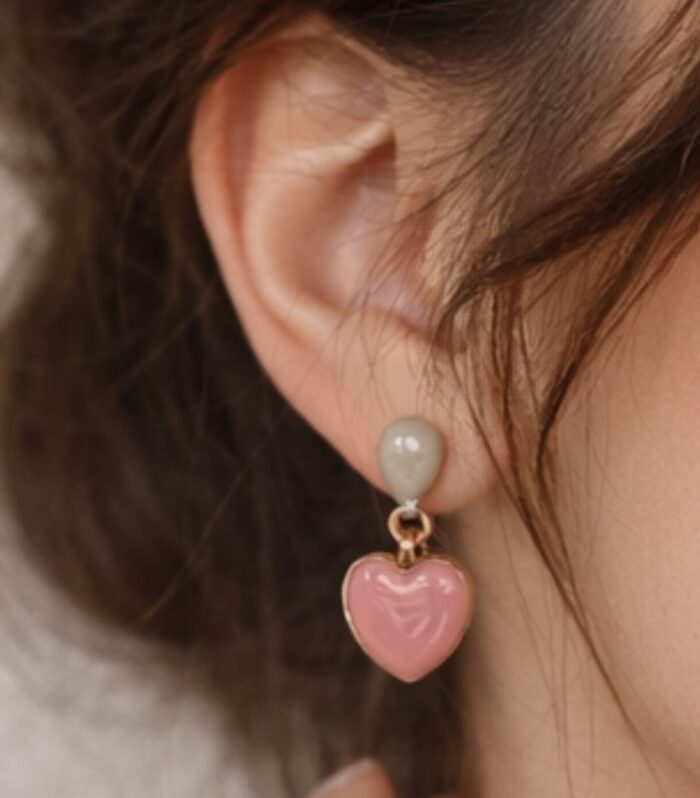 Pink Heart Drop Stud Earrings for Women – Glossy Enamel Fashion Jewellery