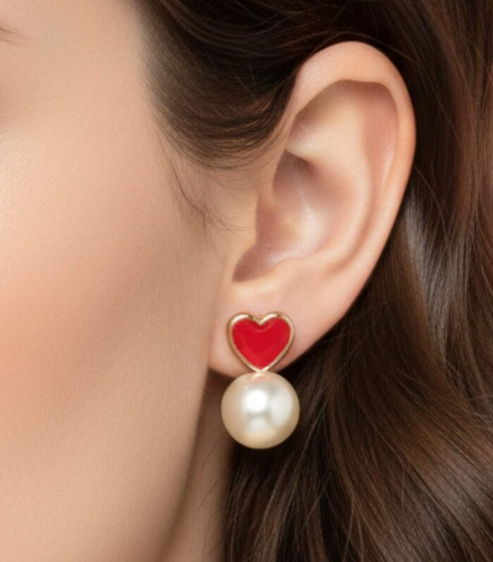 Red Heart Pearl Stud Earrings for Women Elegant Enamel Jewellery