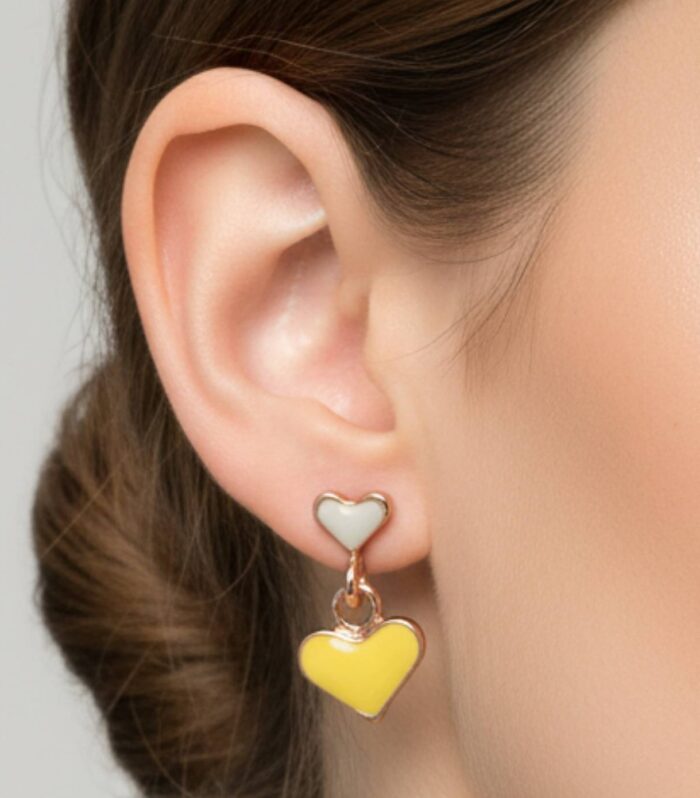 Gold Plated Heart Shape Stud Earrings Yellow Off White