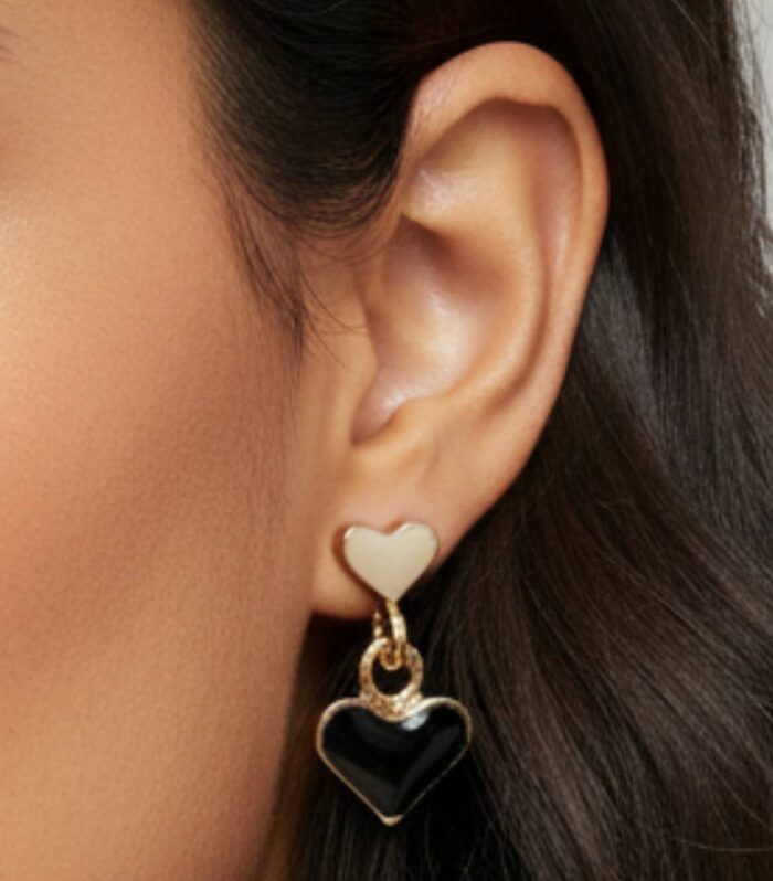 Gold Plated Heart Shape Stud Earrings Black Off White