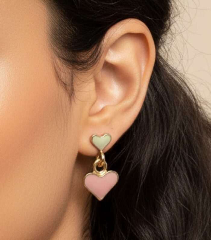 Gold Plated Heart Shape Stud Earrings Pink