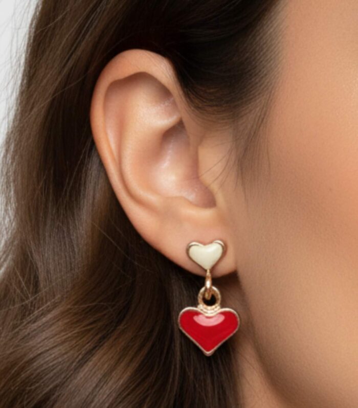 Gold Plated Heart Shape Stud Earrings Red white
