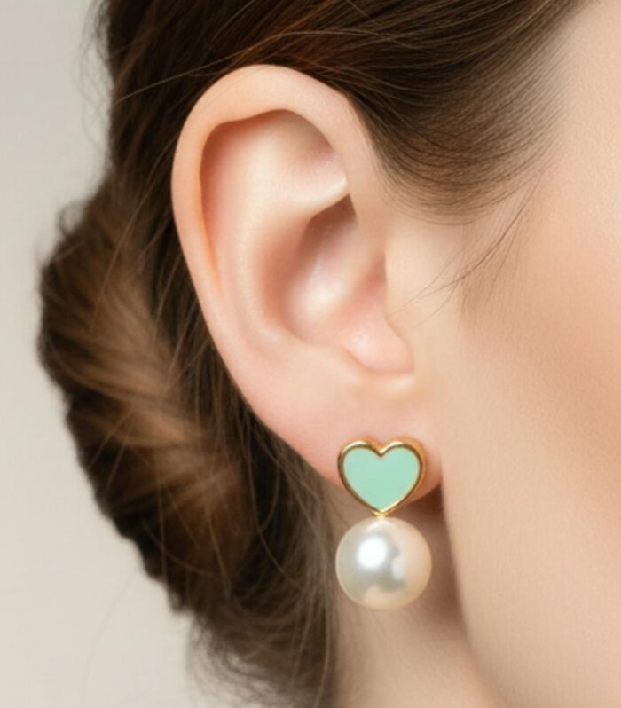 Mint Green Heart Pearl Stud Earrings for Women Elegant Minimal Jewellery