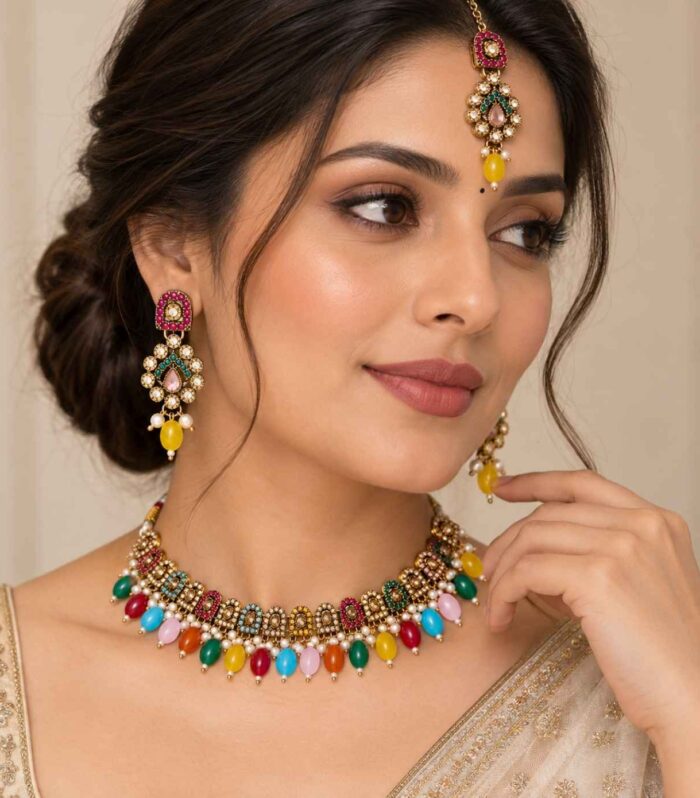Multicolor Kundan Necklace Set with Earrings Maang Tikka | Bridal Jewellery